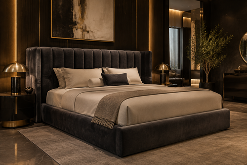 Luxury king size bed in an elegant showroom